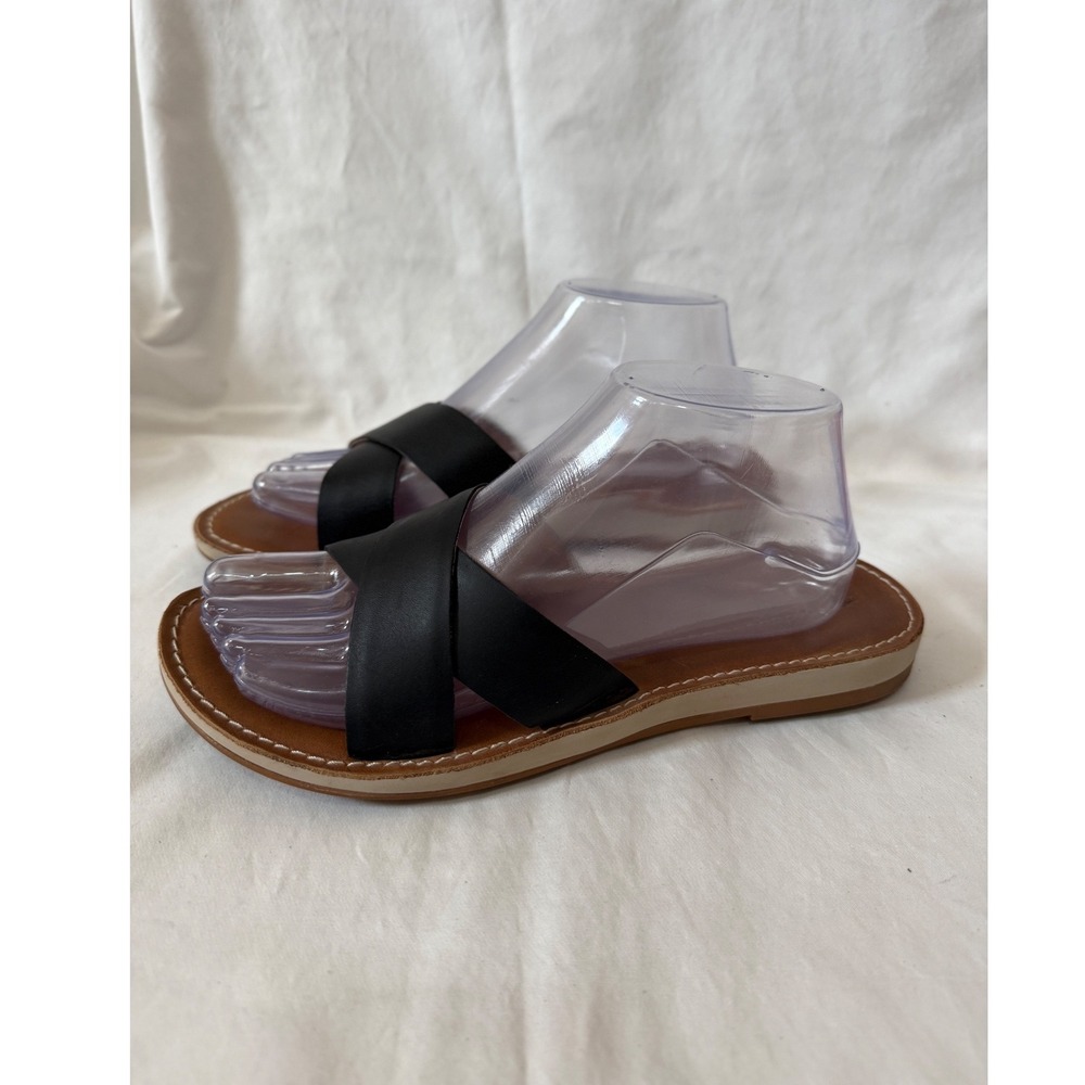 OluKai Tiare Black Leather Crisscross Slide Sandals Tan Footbed Womens Sz 8